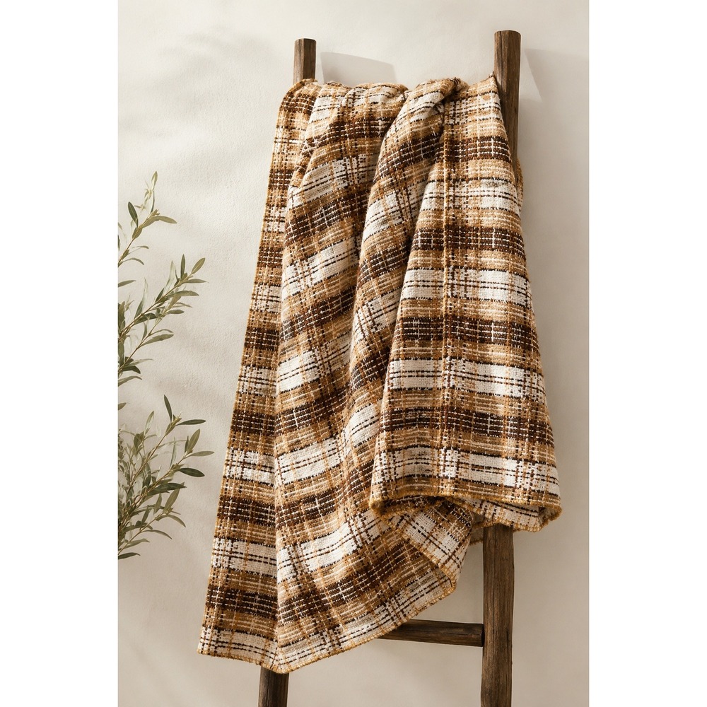 Vintage Canadian Plaid Throw Blanket 58x51 Brown Beige Made in Canada Retro